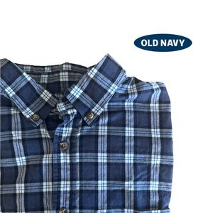 Old Navy EUC Men’s Plaid Button Down Shirt Slim Fit Flex Size L Navy and White